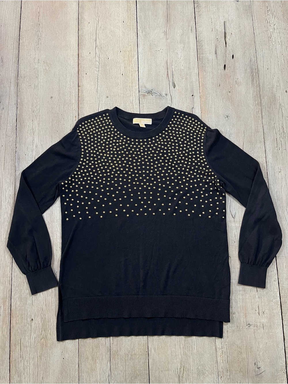 MICHAEL KORS Solid Studded Yoke Crewneck Uneven Hem Sweater Top Size L
